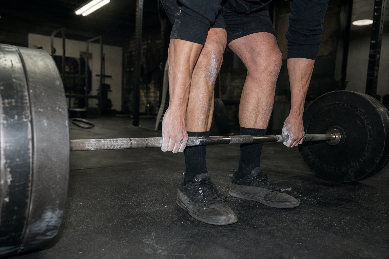 Chalked hands taking a mixed grip on a loaded barbell in a worn strength gym